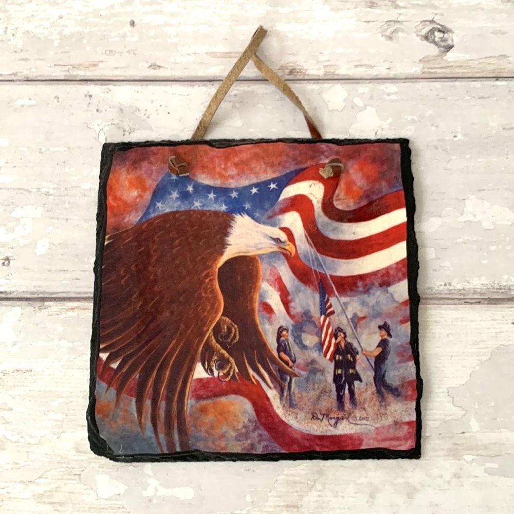 9/11 Memorial Plaque Stone Tablet Wall Hanging Patriotic Bald Eagle America 7in